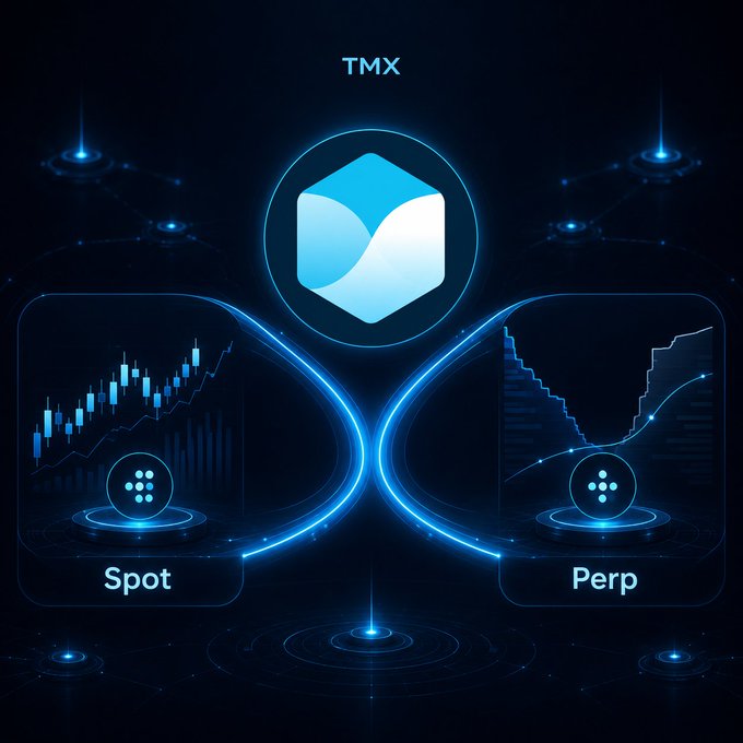 A futuristic digital graphic for TMX showing a blue cube logo with 'Spot' and 'Perp' trading interface panels featuring candlestick charts separated by glowing curved lines on a dark background.