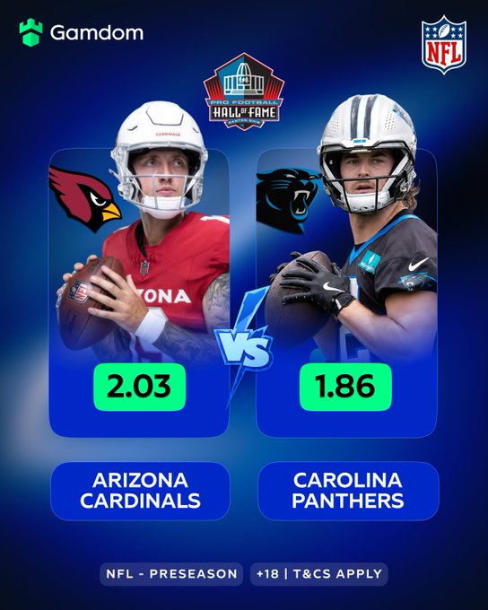 The image is a promotional graphic from Gamdom featuring the Pro Football Hall of Fame game between the Arizona Cardinals (2.03) and Carolina Panthers (1.86) in the NFL Preseason, highlighting odds and directing viewers to use code "T&CS APPLY." It visually supports the accompanying post's announcement of the NFL's return by showcasing the matchup details and betting odds to entice fans to engage with Gamdom's offerings.