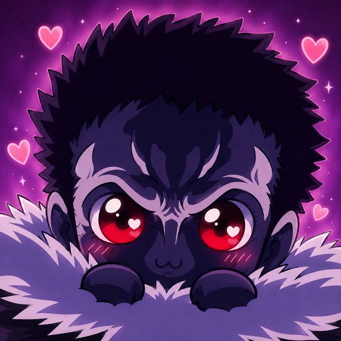 A digital illustration of a cute dark-furred monkey or ape with large red eyes featuring heart highlights, set against a purple background with floating pink hearts.