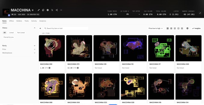 A screenshot of the "MACCHINA" NFT collection on OpenSea displays various glitch-style skull artwork pieces with floor price listed at "1.00 ETH" and 22 items for sale.