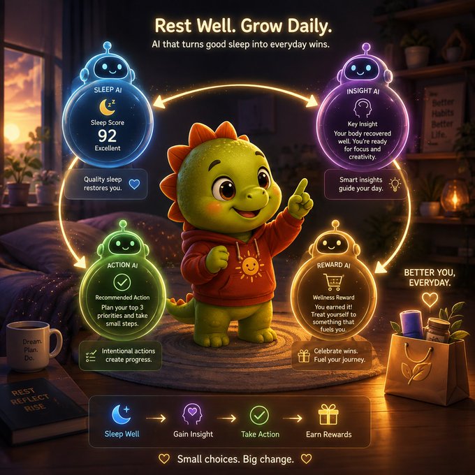 An illustrated advertisement titled 'Rest Well. Grow Daily.' featuring a cartoon dinosaur mascot surrounded by four glowing AI bubbles (Sleep AI, Insight AI, Action AI, Reward AI) on a 4-step path: Sleep Well, Gain Insight, Take Action, Earn Rewards.