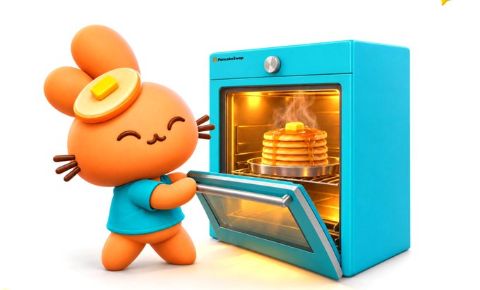 A cute 3D-rendered orange cartoon character wearing a blue shirt happily opens a teal oven revealing a stack of steaming pancakes topped with butter.