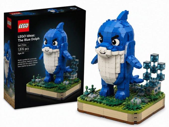 A LEGO Ideas set box and the fully assembled model of "The Blue Dolphin" (set 21358, 1,876 pcs, ages 18+), featuring a blue and white dolphin built from bricks and displayed on a small underwater-themed base with green seaweed and transparent blue elements.