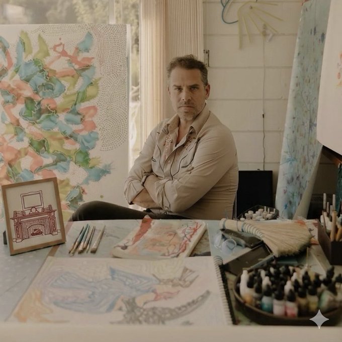 The image features a man sitting at a table with various art supplies such as paintbrushes, pencils, and paints. He appears to be an artist working on his craft or creating new worlds through his artwork. The room has white walls that provide a clean backdrop for the colorful paintings displayed around him. There is also a book placed nearby, possibly containing inspiration or techniques related to art. The man's focused expression suggests he is deeply engaged in his work and the creative process.