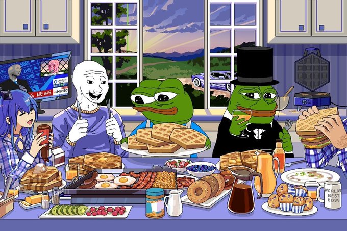 A colorful cartoon illustration of various internet meme characters, including Pepe frogs in different outfits, gathered around a table laden with waffles, bacon, eggs, and pancakes.