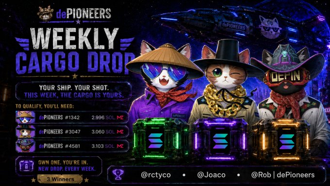 The image is a vibrant "dePioneers Weekly Cargo Drop" promotional graphic featuring three anthropomorphic cats dressed as frontier pioneers wearing a straw hat, a top hat, and a cowboy hat, standing beside glowing neon cargo containers. It announces winners like @rctyco (#1342, 2.996 SOL), @Joaco (#3047, 3.060 SOL), and @Rob | dePioneers (#4581, 3.103 SOL), tying directly to the post celebrating this week's cargo drop distribution of 0.75 SOL across containers to winners @ReggieNCurtis, @Joaco, and @DcentralizedRob.