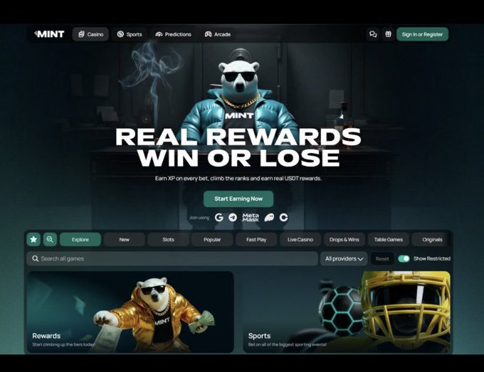 A screenshot of an online gambling/casino website called 'MINT' featuring a bear mascot in sunglasses and gold chain, with the tagline 'REAL REWARDS WIN OR LOSE' and game categories.