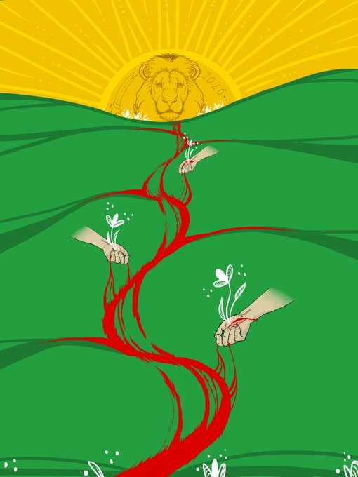 An illustration showing a lion's face emerging from a sun in the sky, with multiple hands holding sprouting plants and red liquid flowing like rivers across green hills.