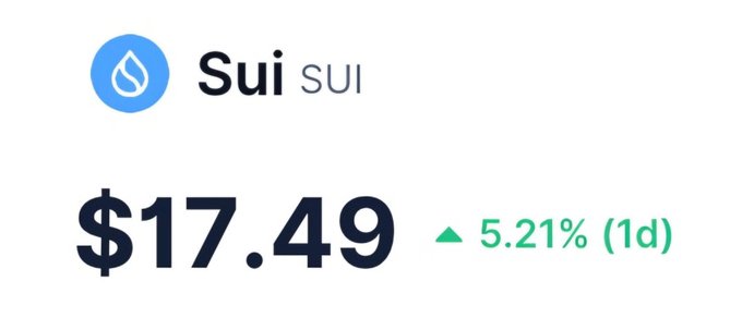 A cryptocurrency price ticker showing Sui (SUI) at $17.49 with a 5.21% increase over 1 day.