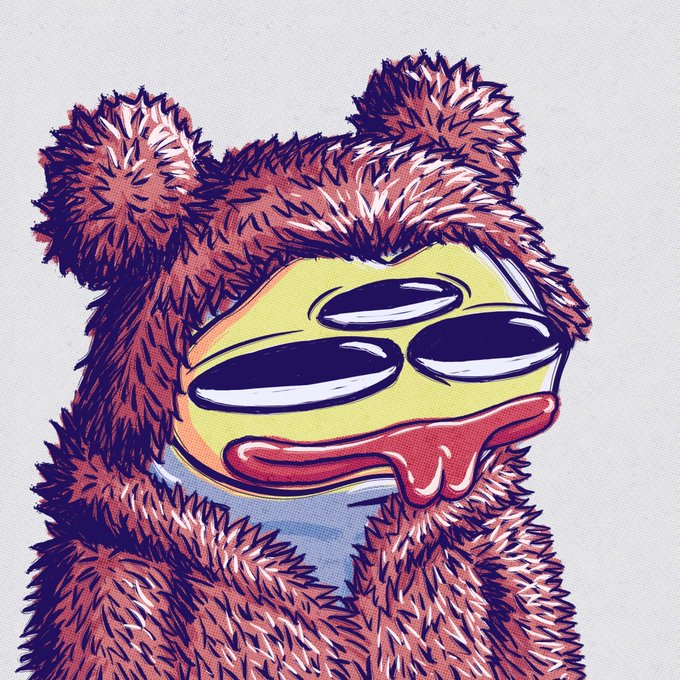 A brown bear with multiple eyes, a tongue sticking out from under his nose wearing a pink outfit that includes a hat or fur cap. This bear has three eyes, making him look like he's wearing goggles, and appears to be a cartoon style animal character made for art or as a costume. The image seems to be related to the #AutismioETH post, where an artist is being paid to create an original, imaginative drawing of this animal.