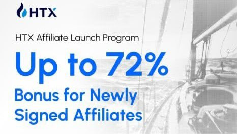 The image is a promotional banner from HTX (formerly Huobi) announcing their "Affiliate Launch Program," offering up to a 72% bonus for newly signed affiliates, with a nautical background showing sailboats. The post elaborates on this bonus campaign, detailing a $5 bonus opportunity for eligible new users who complete Tier 3, which ties into the banner's focus on attracting new affiliates with substantial incentives.