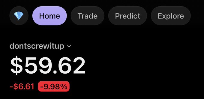 A screenshot of a trading or prediction app interface on a dark background, showing a portfolio named "dontscrewitup" with a balance of $59.62, a loss of -$6.61 (-9.98%), and navigation tabs for Home, Trade, Predict, and Explore.