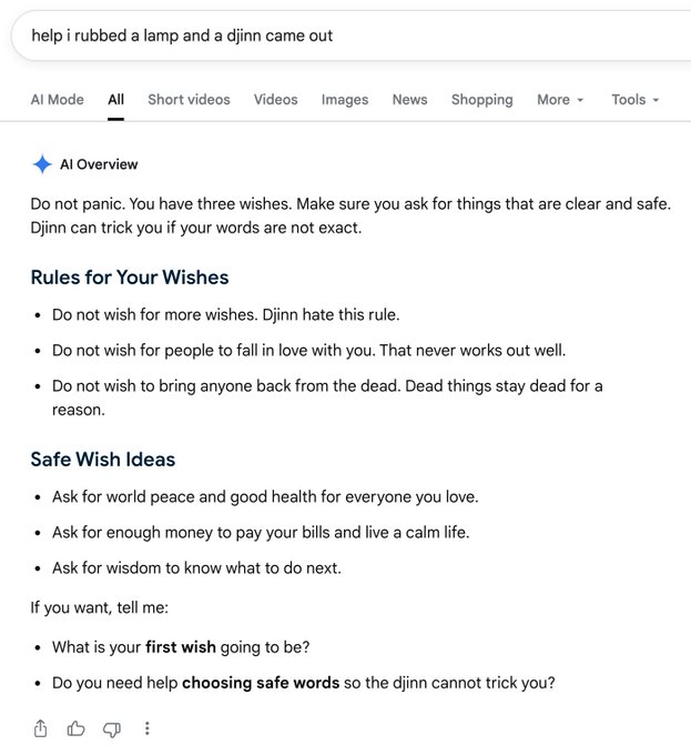 A Google AI Overview responds to the query 'help i rubbed a lamp and a djinn came out' with rules for wishes, safe wish ideas, and offers to help choose safe words.