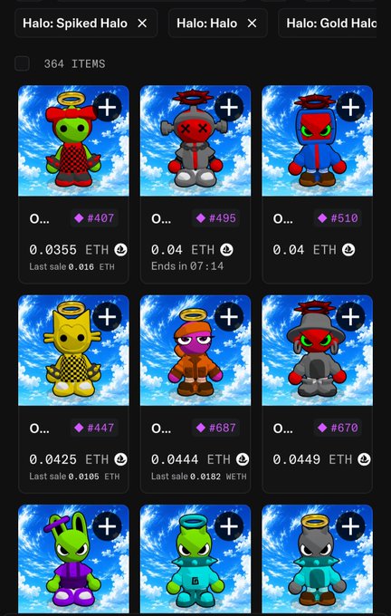 A mobile app screenshot displays a grid of digital collectible characters with halos for sale in ETH, including filters for 'Spiked Halo', 'Halo', and 'Gold Halo'.