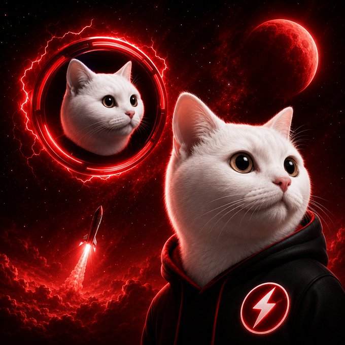 A digital artwork featuring two white cats in a dramatic red sci-fi setting, with one cat wearing a black Flash hoodie and another cat's head framed in a red circular portal, set against a blood-red moon backdrop with a rocket launching.