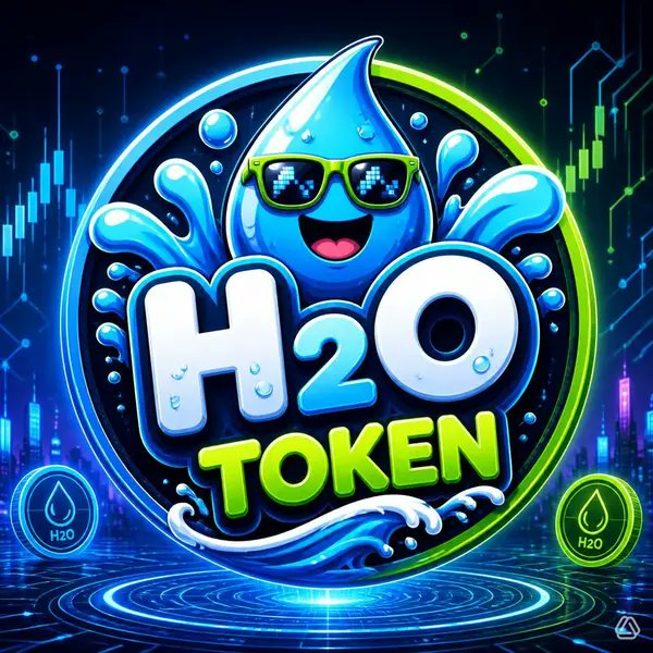 A vibrant digital logo for 'H2O TOKEN' featuring a cartoon blue water droplet wearing pixelated sunglasses, set against a futuristic neon blue cityscape background.