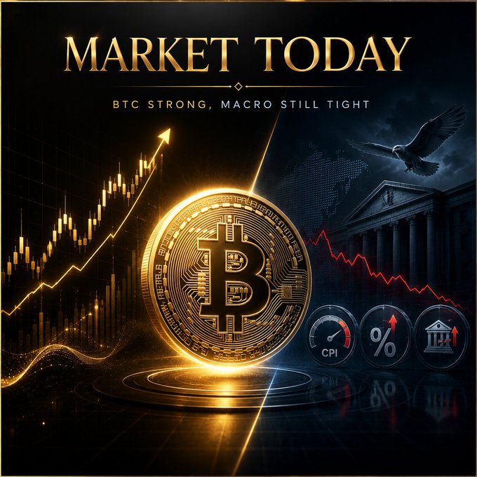 A financial market graphic titled 'MARKET TODAY' with the subtitle 'BTC STRONG, MACRO STILL TIGHT,' featuring a glowing golden Bitcoin symbol, candlestick charts, an eagle, a classical building, and icons for CPI, interest rates, and banking.
