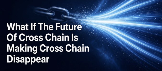 A digital graphic with a dark blue background showing a chain link breaking apart into light particles, accompanied by the text "What If The Future Of Cross Chain Is Making Cross Chain Disappear".