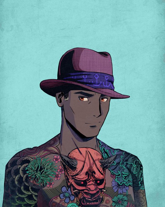 The image features a man wearing a hat, a shirt with tattoos, and a mask that has flowers painted on it. The tattooed man appears to be wearing a purple fedora. The background of the image is blue, which contrasts with the man's attire. The caption "Gm Lads $SOLANA" suggests that this might be an advertisement or promotional material for a product named Solana.