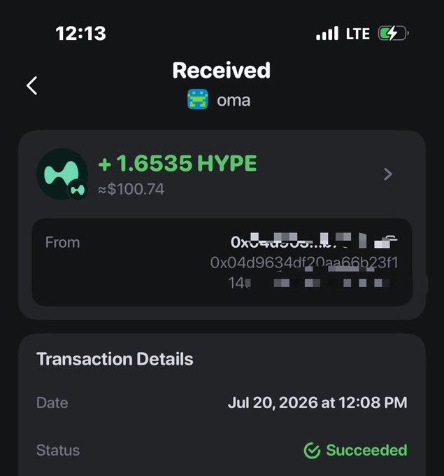 A screenshot of a successful wallet transaction confirming the receipt of +1.6535 HYPE (≈$100.74) from "oma" on July 20, 2026, supporting the user's post about buying and accumulating HYPE while creating content around its ecosystem.