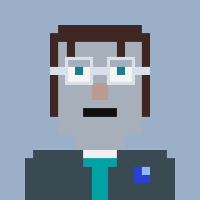 A pixel art portrait of a man wearing glasses, a dark suit, and a teal tie, set against a gray background.