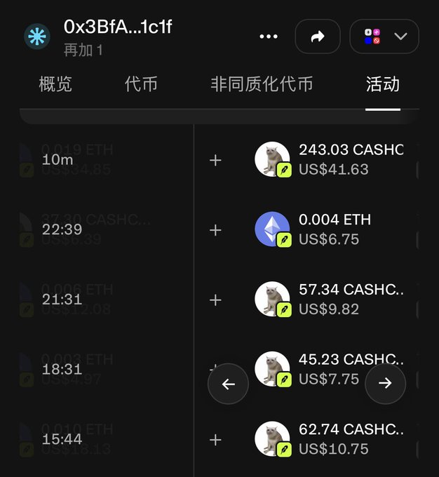 A screenshot of a crypto wallet activity log (wallet address 0x3BfA...1cff) showing transactions involving CASHCAT and ETH, including entries like "243.03 CASHC US$41.63" and "45.23 CASHC US$7.75," illustrating the high trading volume and fee income the post highlights as evidence of strong returns even during a flash crash.