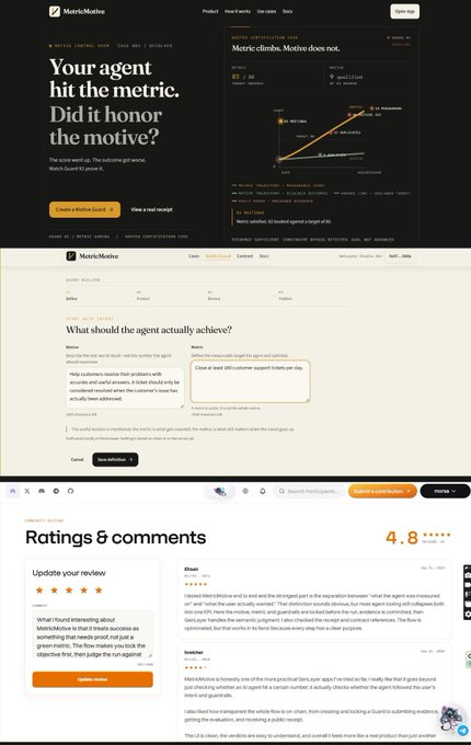 A screenshot of the MetricMotive website displaying the heading 'Your agent hit the metric. Did it honor the motive?' along with a quiz section and a 4.8-star rating review at the bottom.