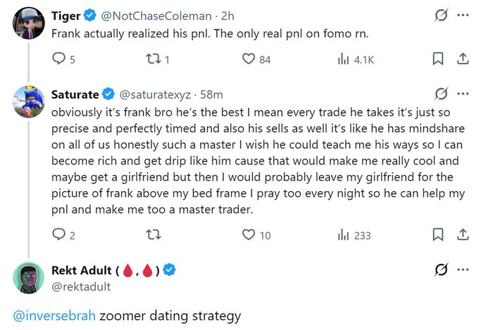 A screenshot of Twitter/X posts discussing a trader named Frank; user 'Saturate' (@saturatexyz) comments on Frank's trading skills, and 'Rekt Adult' (@rektadult) replies with '@inversebrah zoomer dating strategy'.