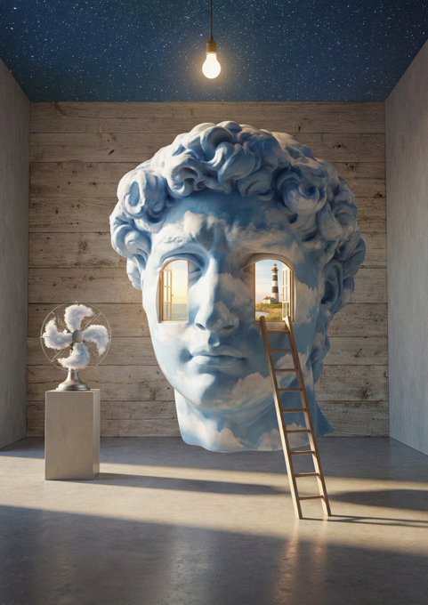 A surreal art installation featuring a giant sculpted head with cloud-patterned skin and windows for eyes, with a wooden ladder leaning against it in a room with a starry ceiling and a small fan on a pedestal.