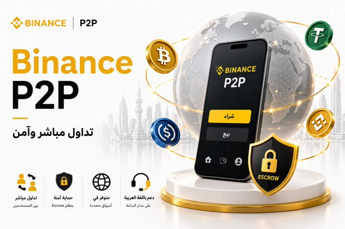 This graphic promotes Binance P2P, highlighting its features like direct and secure trading, escrow protection, and Arabic language support, all visualized by a smartphone connected to a global network with cryptocurrency icons.