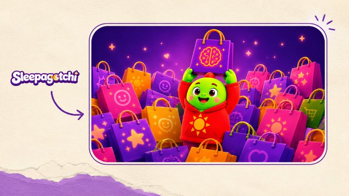 A colorful illustration labeled 'Sleepagotchi' showing a green character in a red hoodie lifting a purple 'SB' shopping bag amid a pile of colorful shopping bags against a purple starry background.