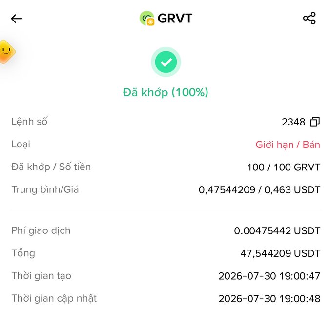 A mobile trading confirmation screen for GRVT showing a successful limit sell order (#2348) for 100 GRVT at 0.463 USDT, totaling 47.544209 USDT, dated 2026-07-30.