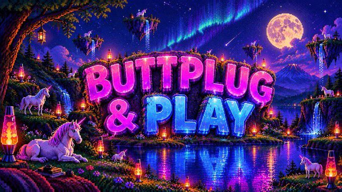 A vibrant, fantasy-themed digital artwork featuring the text 'BUTTPLUG & PLAY' in glowing pink and blue neon letters, surrounded by unicorns, waterfalls, and a full moon landscape.