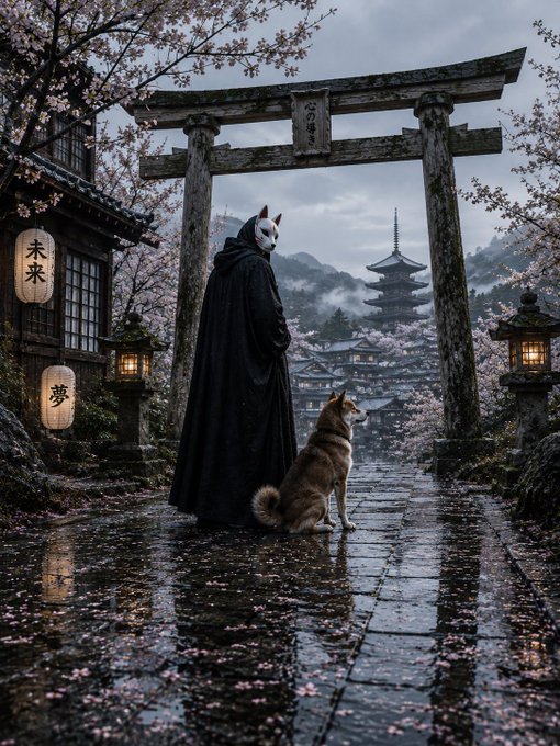 A figure in a dark cloak wearing a white fox mask stands on a wet path beside a brown dog, framed by a stone torii gate and cherry blossoms with a pagoda in the background.