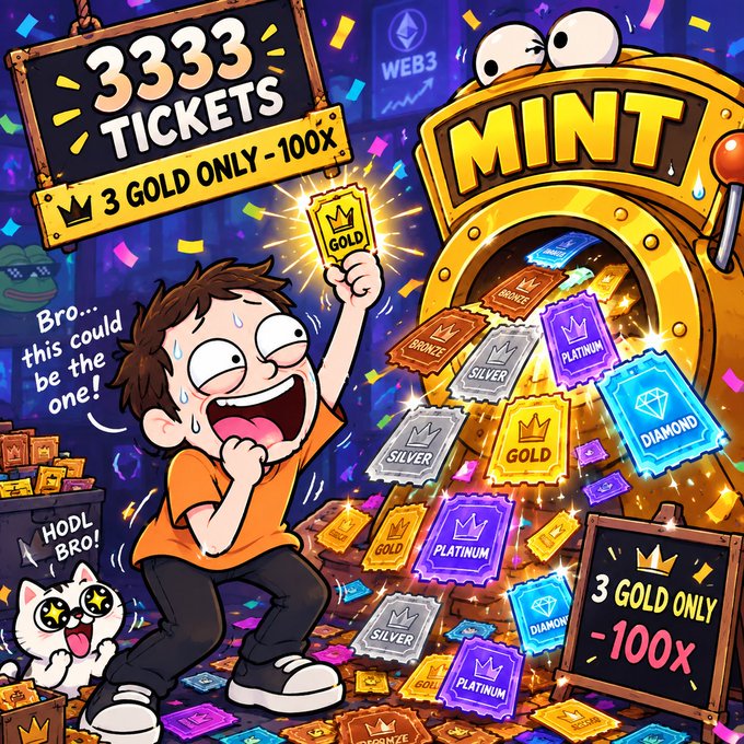 A vibrant, cartoonish illustration advertising a 'MINT' event, featuring an excited character holding a 'GOLD' ticket, a slot machine dispensing various tiered tickets, and signs reading '3333 TICKETS' and '3 GOLD ONLY - 100x'.