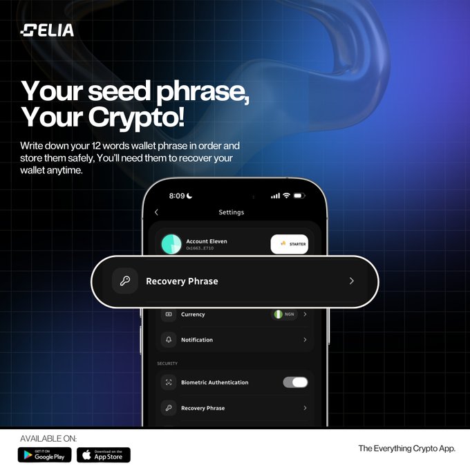 A promotional image for Celia Wallet displaying the headline "Your seed phrase, Your Crypto!" alongside a mockup of the app's settings screen highlighting the "Recovery Phrase" option, with download links for Google Play and the App Store featured at the bottom. The image reinforces the post's warning about securing the 12-word wallet phrase to protect crypto assets.