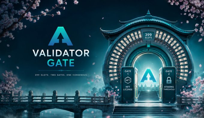 A digital artwork titled 'VALIDATOR GATE' depicting a glowing futuristic gateway with '399 SLOTS' at the top, flanked by 'NFT LICENSE' and 'STAKING THRESHOLD' pillars, with cherry blossoms and a bridge in the foreground.