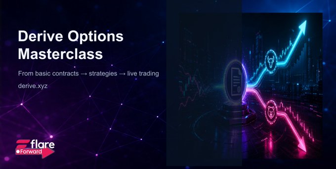 An advertisement for 'Derive Options Masterclass' promoting trading strategies from basic contracts to live trading, presented by 'Flare Forward' on derive.xyz.