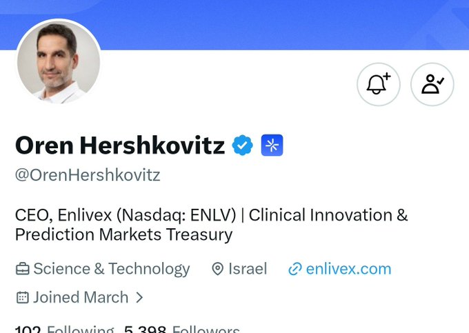 A Twitter profile page for Oren Hershkovitz (@OrenHershkovitz), CEO of Enlivex (Nasdaq: ENLV), categorized under Science & Technology and located in Israel.
