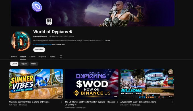 The image presents a screenshot of a YouTube video page with a black background that includes several videos playing or displayed. The main focus is on the title of one of the videos, which reads "World of Dypians" followed by an explanation of an upcoming project and release date. Additionally, there are multiple other project titles listed in the post's right corner. It is important to note this information is directly related to a YouTube video page, as indicated by the presence of videos playing or displayed on the platform.