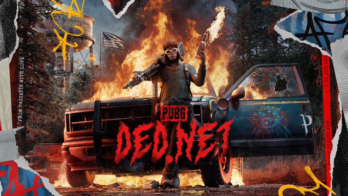 A masked, armed character stands in front of a burning truck in gritty promotional artwork for PUBG’s “DEDNET.” The post highlights the image as accompanying an informative article about DEDNET.