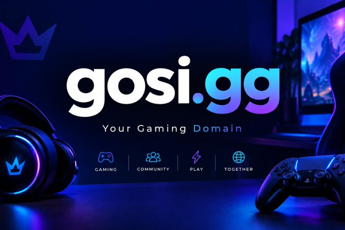 A promotional graphic for 'gosi.gg - Your Gaming Domain' featuring a gaming setup with headphones, controller, and monitor in dark blue and purple lighting.