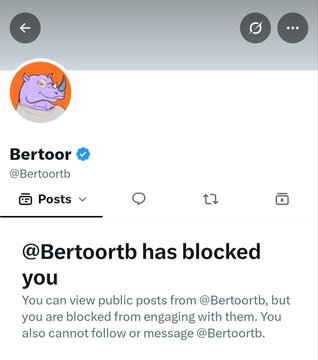 A screenshot of an X/Twitter profile page for @Bertoortb showing the message '@Bertoortb has blocked you', displayed with a cat avatar.