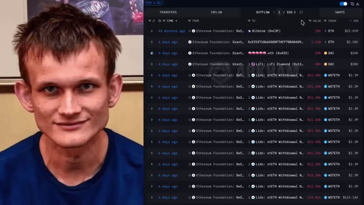 A man with brown hair is smiling, looking at a computer screen that displays a list of items for sale. The screen contains the text "VITALIK DEFINITELY KNOWS SOMETHING HE SOLD OVER 20,000 $ETH THIS YEAR AT ~$2K AVG ...he'S BEEN SELLING nonstop for THE past few years while ...eth staggered if the founder doesn't believe in his own product...". The man seems to be happy and proud of what he has accomplished or is selling online.