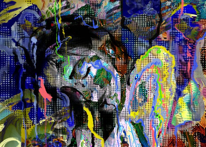 A chaotic, colorful abstract digital artwork composed of distorted faces, splattered paint textures, and halftone dot patterns in vibrant blues, yellows, reds, and greens.