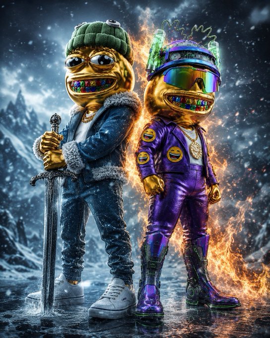 A vibrant, surreal digital artwork of two golden-faced characters with rainbow teeth standing in a snowy landscape—one in a green beanie and denim holding a sword, the other in a purple suit with ski goggles, surrounded by flames.