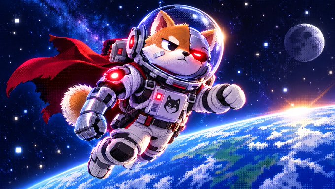 A digital illustration depicts an orange and white Shiba Inu dog wearing a space suit with a red cape, floating in space above Earth with the moon visible in the background.