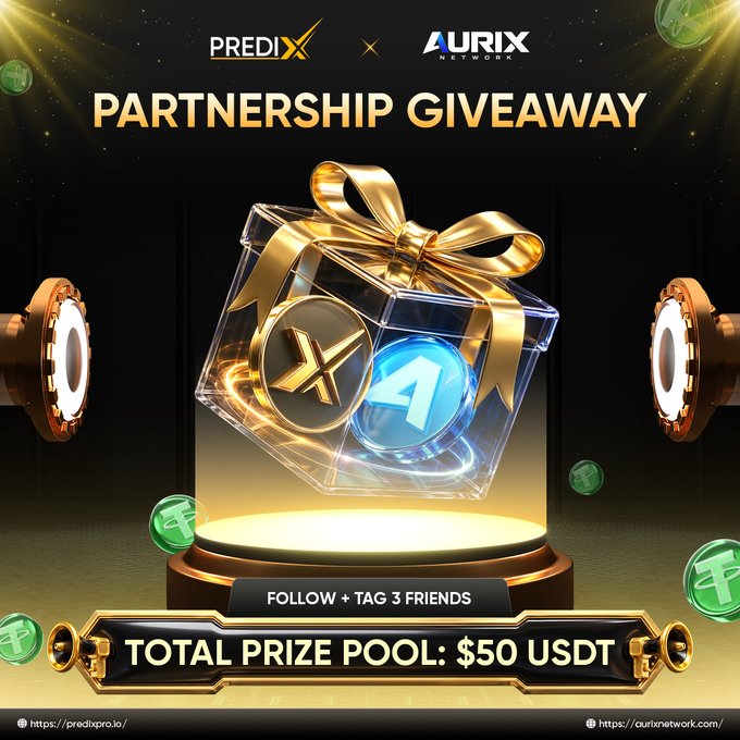 A promotional graphic for a "PARTNERSHIP GIVEAWAY" between PrediX and Aurix Network, featuring a gold gift box with their logos, instructing followers to "FOLLOW + TAG 3 FRIENDS" for a chance to win a $50 USDT total prize pool.