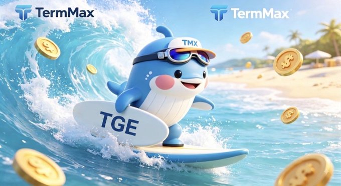 A 3D cartoon whale mascot wearing sunglasses and a 'TMX' cap surfs a wave on a 'TGE' surfboard, with TermMax branding and floating gold coins around it.