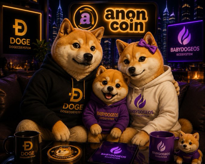 The image features a group of Shiba Inu dogs sitting around a table, with one dog wearing a black hoodie and another wearing a purple hoodie. There are also two cups placed on the table - one purple cup and one black cup. The background shows a city skyline at night, which adds to the overall atmosphere of the image. The caption reads "Stronger together. $DogeOS ×  $BabyDogeOS ×  $Anoncoin The journey is just beginning." This phrase emphasizes the idea that the dogs are united and embarking on an adventure together.